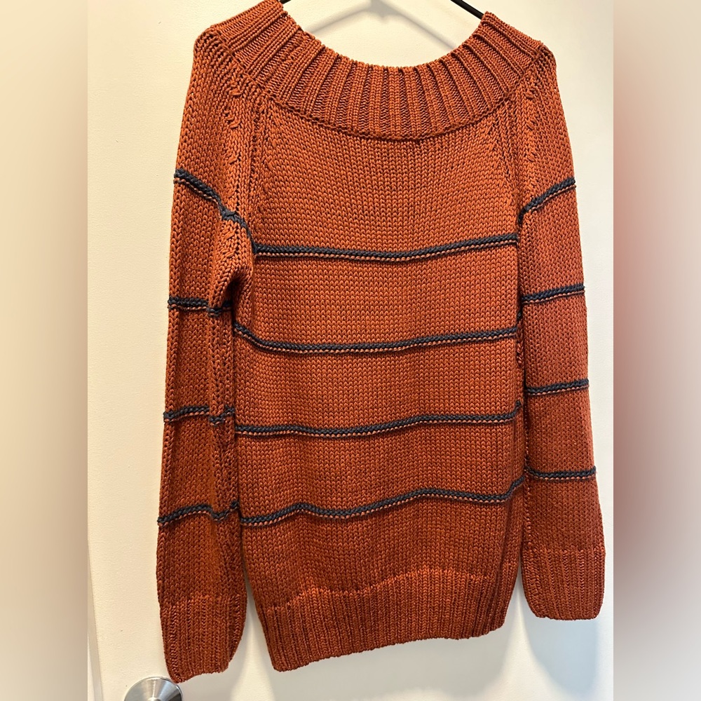 Rust and navy blue striped wide neck sweater